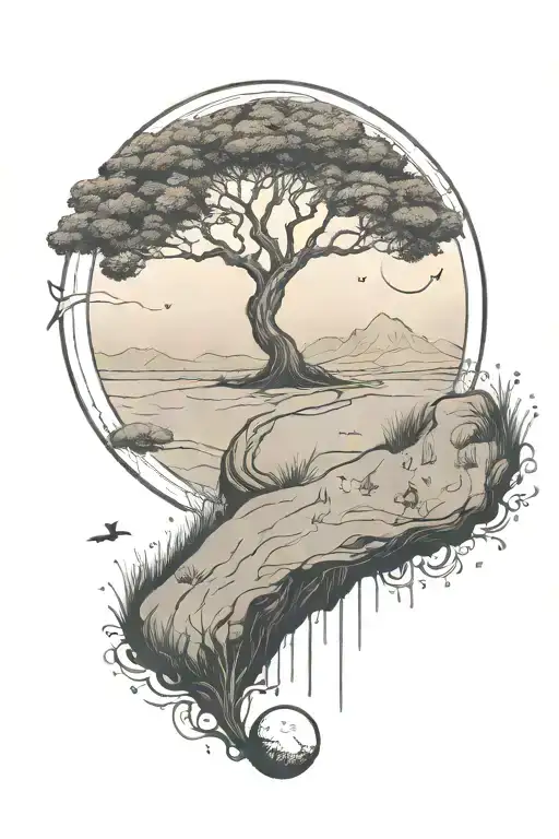 rich tree of life with ground with grass looking above sun with moon with lonely person, hills tattoo design idea