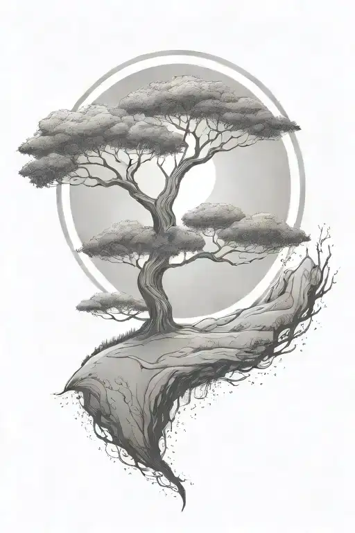 rich tree of life with ground with grass looking above sun with moon with lonely person, hills tattoo design idea