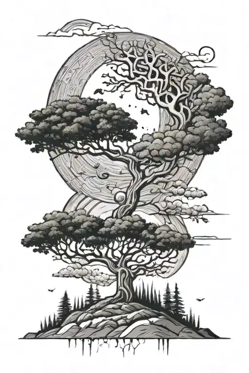 life as tree with ground with grass looking above sun with moon, hills tattoo design idea