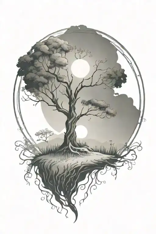 rich tree of life with ground with grass looking above sun with moon, hills, lonely person tattoo design idea