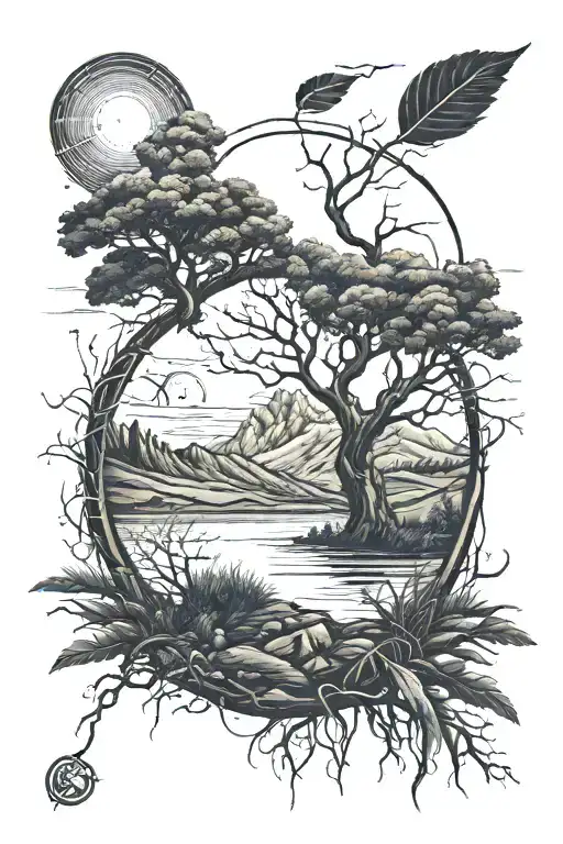 Life Of Tree With Ground With Grass, Hills, Sun, Moon tattoo design idea