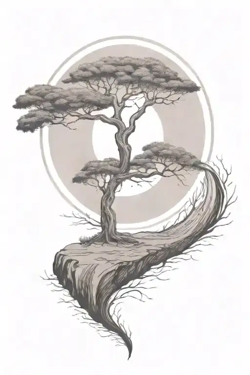 rich tree of life with ground with grass looking above sun with moon with lonely person, hills, colors stripes tattoo design idea