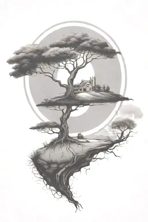 rich tree of life with ground with grass looking above sun with moon with lonely person, hills tattoo design idea