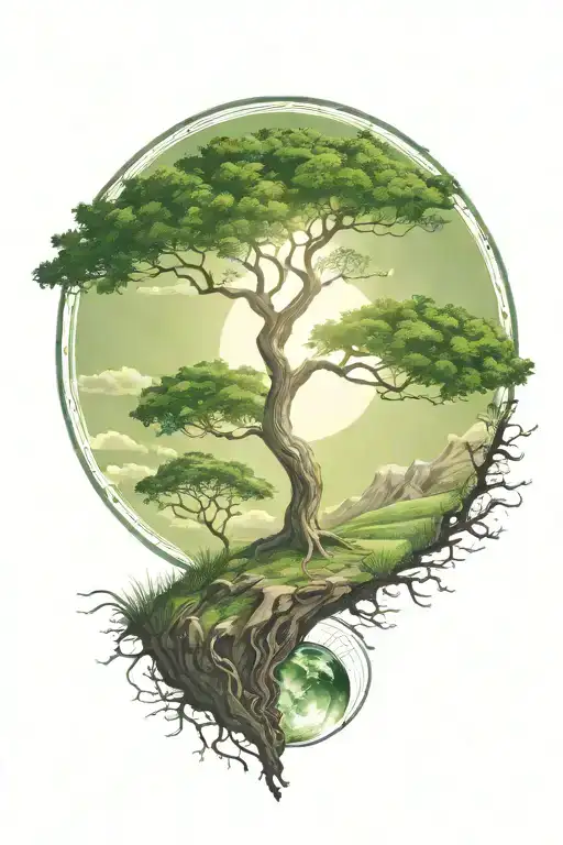 rich tree of life with ground with grass looking above sun with moon with lonely person, hills landscape, green leaves tattoo design idea