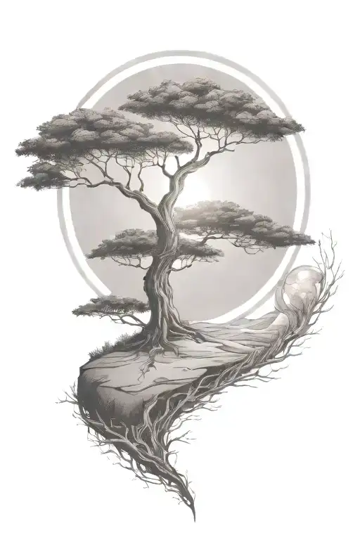 rich tree of life with ground with grass looking above sun with moon with lonely person, hills tattoo design idea