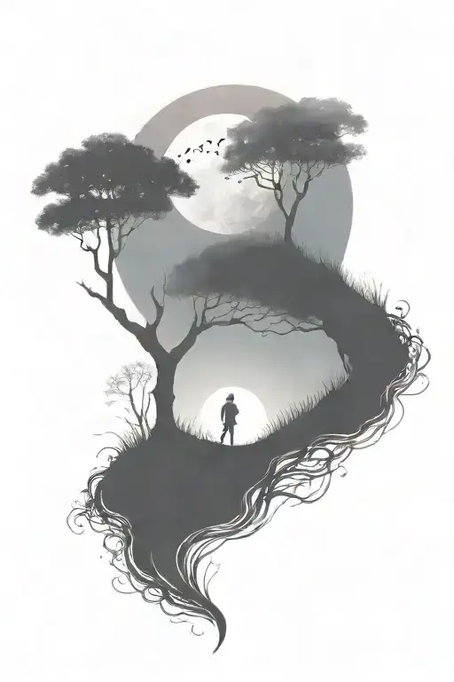 rich tree of life with ground with grass looking above sun with moon, hills, lonely person tattoo design idea