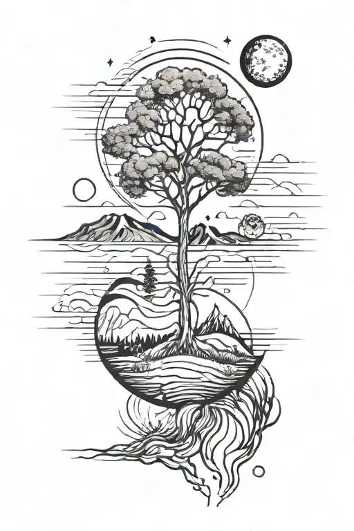modern life as tree with ground with grass looking above sun with moon, hills tattoo design idea
