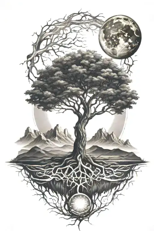 A majestic tree of life with the sun and moon as its roots and branches, hills landscape, ground with grass tattoo design idea