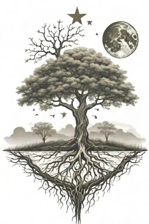 A majestic tree of life with the sun and moon as its roots and branches, hill landscape, ground with grass, stars tattoo design idea