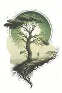 rich tree of life with ground with grass looking above sun with moon with lonely person, hills landscape, green leaves tattoo design idea