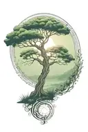 rich tree of life with ground with grass looking above sun with moon with lonely person, hills landscape, green leaves tattoo design idea