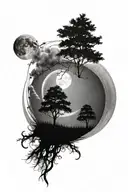 life as tree with ground with grass looking above sun with moon, hills tattoo design idea