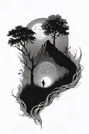 life as tree with ground with grass looking above sun with moon, hills tattoo design idea