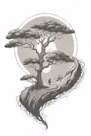 rich tree of life with ground with grass looking above sun with moon with lonely person, hills tattoo design idea