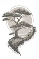 rich tree of life with ground with grass looking above sun with moon with lonely person, hills tattoo design idea