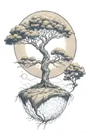 rich tree of life with ground with grass looking above sun with moon with lonely person, hills tattoo design idea