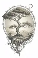 rich tree of life with ground with grass looking above sun with moon with lonely person, hills tattoo design idea