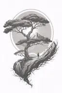 rich tree of life with ground with grass looking above sun with moon with lonely person, hills tattoo design idea