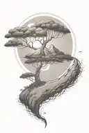rich tree of life with ground with grass looking above sun with moon with lonely person, hills tattoo design idea