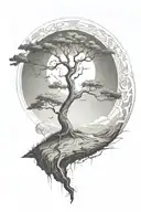 rich tree of life with ground with grass looking above sun with moon with lonely person, hills tattoo design idea