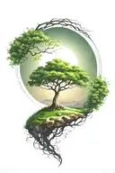 rich tree of life with ground with grass looking above sun with moon with lonely person, hills landscape, green leaves tattoo design idea