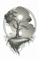 rich tree of life with ground with grass looking above sun with moon, hills, lonely person tattoo design idea