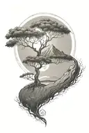 rich tree of life with ground with grass looking above sun with moon, hills, lonely person tattoo design idea