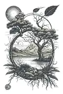 Life Of Tree With Ground With Grass, Hills, Sun, Moon tattoo design idea