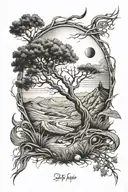 Life Of Tree With Ground With Grass, Hills, Sun, Moon tattoo design idea