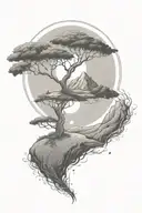 rich tree of life with ground with grass looking above sun with moon with lonely person, hills tattoo design idea