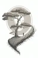 rich tree of life with ground with grass looking above sun with moon with lonely person, hills tattoo design idea