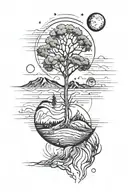 modern life as tree with ground with grass looking above sun with moon, hills tattoo design idea