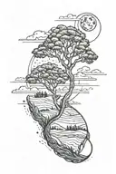 modern life as tree with ground with grass looking above sun with moon, hills tattoo design idea