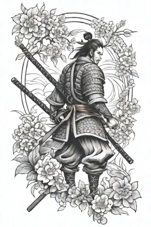 samurai warrior in a garden tattoo design idea