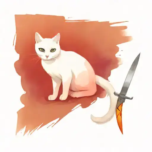 white cat with switchblade knife tattoo design idea