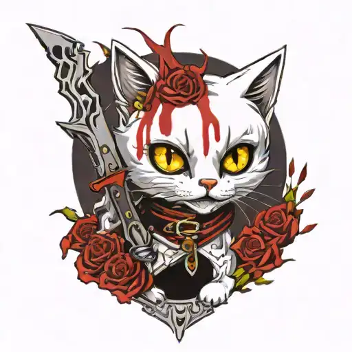 gothic white cat with switchblade and blood dripping tattoo design idea
