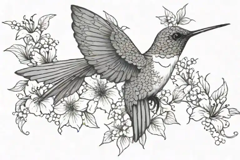Humming bird and flowers tattoo design idea