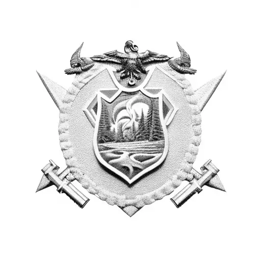 A military police badge entwined with elements of Estonian mythology, surrounded by lush nature tattoo design idea