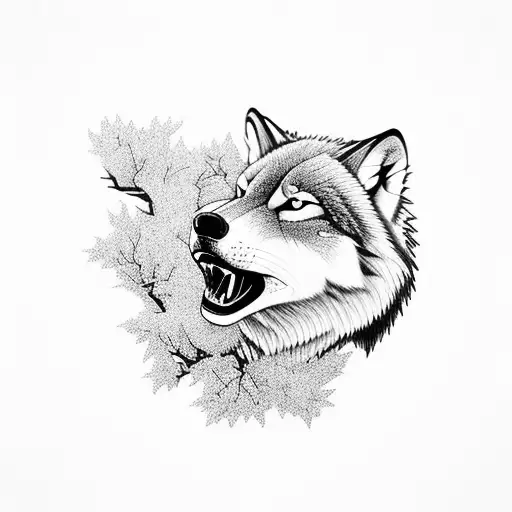 A majestic wolf howling at the moon in a serene forest setting tattoo design idea