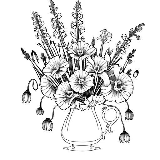 gladiolus, poppy, larkspur, waterlily, daisy, sweetpea tattoo design idea