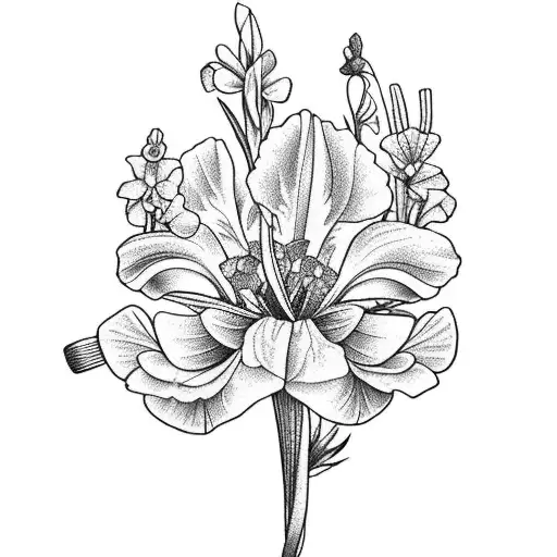 gladiolus, poppy, larkspur, waterlily, daisy, sweetpea tattoo design idea