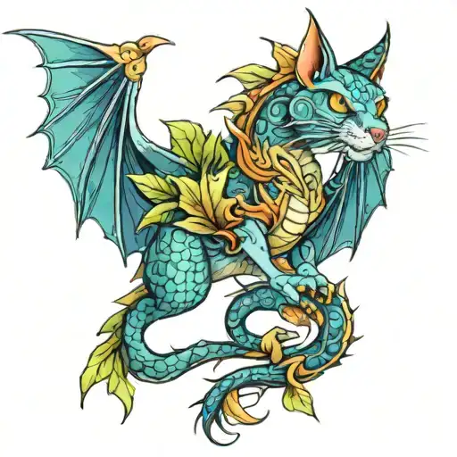 cat dragon with leafs and birds tattoo design idea