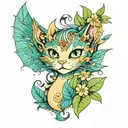 cat dragon with leafs and birds tattoo design idea