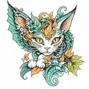 cat dragon with leafs and birds tattoo design idea