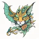 cat dragon with leafs and birds tattoo design idea