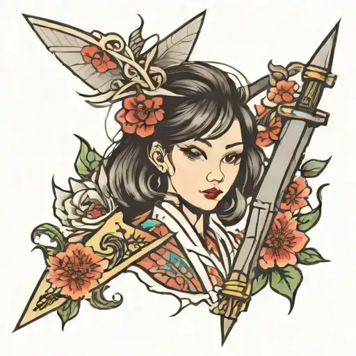 dagger and japanese girl easy tattoo design idea