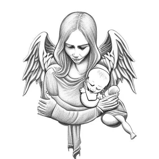 Mother embracing a guardian angel with children's names as a memorial tattoo design idea
