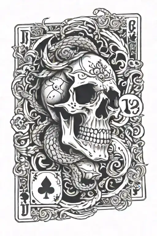 Blackjack cards at the top with a skull with dragon surrounding it tattoo design idea