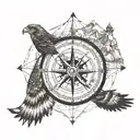 Hawk bird's eye view on Mount Everest summit view and compass on common part, ship hook at bottom tattoo design idea