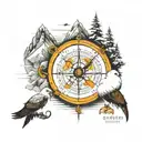 Hawk bird's eye view on Mount Everest summit view and compass on common part, ship hook at bottom tattoo design idea
